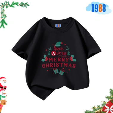 Áo thun trẻ em 1.988 màu đen in ông già Noel - Cotton 15‑56kg, Giáng sinh, giá ưu đãi 90.000đ 5