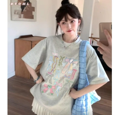 Áo thun xám cute mùa hè form rộng nữ 100% cotton 260gsm - Giá chỉ 69.000 RTOML