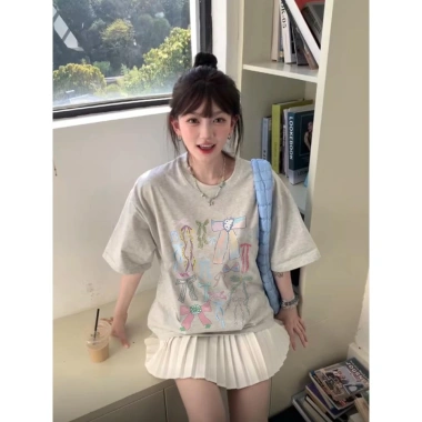 Áo thun xám cute mùa hè form rộng nữ 100% cotton 260gsm - Giá chỉ 69.000 RTOML