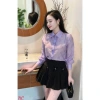 Áo tơ hoa nhiều màu tay bồng MQ Boutique nữ - Đính hoa thủ công, sơ mi công sở sắc 2