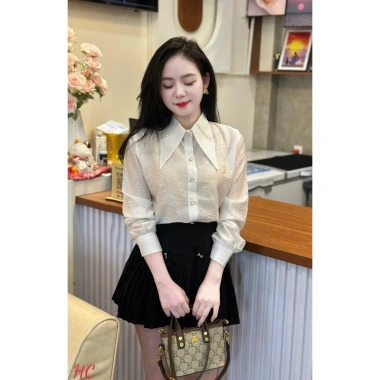 Áo tơ hoa nhiều màu tay bồng MQ Boutique nữ - Đính hoa thủ công, sơ mi công sở sắc
