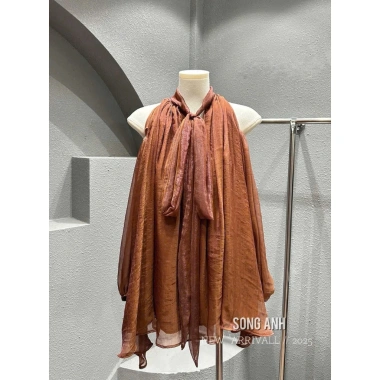 Áo tơ nâu trễ vai dài tay nơ cổ ATNTVD - Giá chỉ 470.000₫, giảm tới 108.100₫