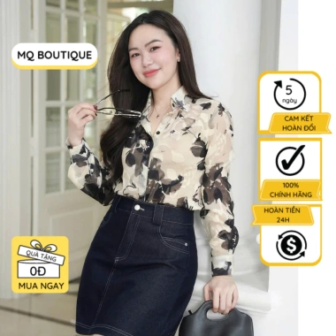 Áo Tơ Sơ Mi Dài Tay Hoa Đen Nền Be - Thiết Kế Cơ Bản Phom Vừa Mềm Mỏng Giá 289k
