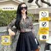 Áo tơ sơ mi nữ lụa dài tay cao cấp công sở họa tiết hoa 4 cánh nâu đen MQ Boutique