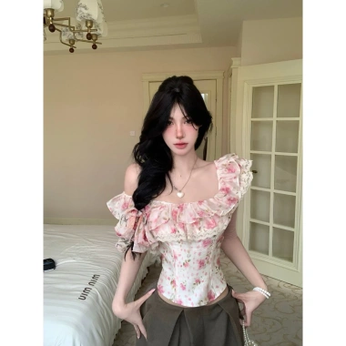Áo trễ vai in hoa kiểu Pháp cổ điển cho nữ - Mùa hè không tay thời trang 2
