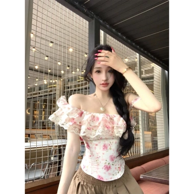 Áo trễ vai in hoa kiểu Pháp cổ điển cho nữ - Mùa hè không tay thời trang 5