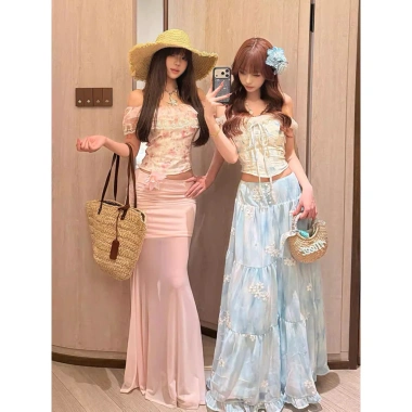 Áo trễ vai in hoa kiểu Pháp cổ điển cho nữ - Mùa hè không tay thời trang 9