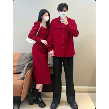 Áo váy đôi đỏ Tết Noel form dài nơ ngực tay dài lịch sự - FOREVER COUPLE - Tiệm Đồ Đôi 330k