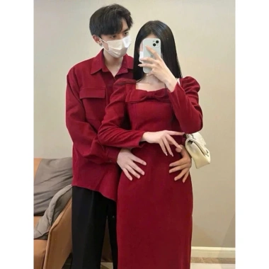 Áo váy đôi đỏ Tết Noel form dài nơ ngực tay dài lịch sự - FOREVER COUPLE - Tiệm Đồ Đôi 330k