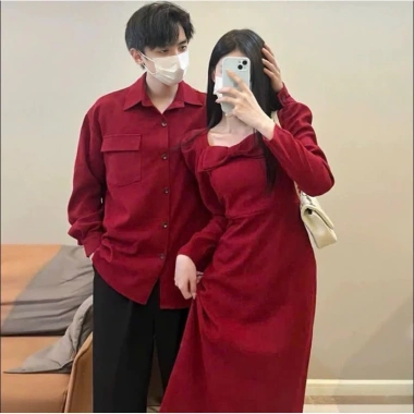 Áo váy đôi đỏ Tết Noel form dài nơ ngực tay dài lịch sự - FOREVER COUPLE - Tiệm Đồ Đôi 330k