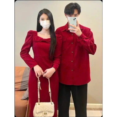 Áo váy đôi đỏ Tết Noel form dài nơ ngực tay dài lịch sự - FOREVER COUPLE - Tiệm Đồ Đôi 330k