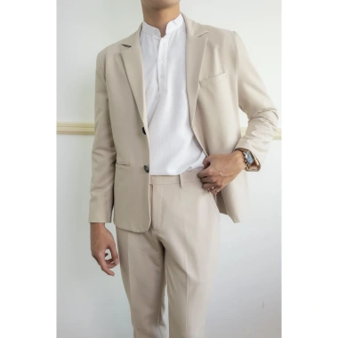 Áo vest blazer nam vâu kem basic - áo khoác công sở trẻ trung 1/2 lớp phong cách Hàn Quốc, dài tay, giảm giá 22%