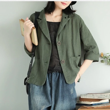 Áo vest blazer nữ dáng lửng 2 ve ngóc SLINEN Linen bột Premium, form suông trẻ trung, 359k