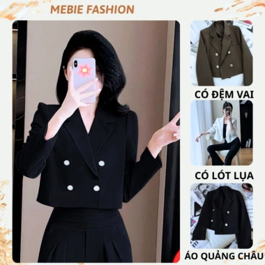 Áo vest croptop nữ blazer cúc giữa đệm vai 2 lớp lót Hàn Quốc màu đen 4 cúc