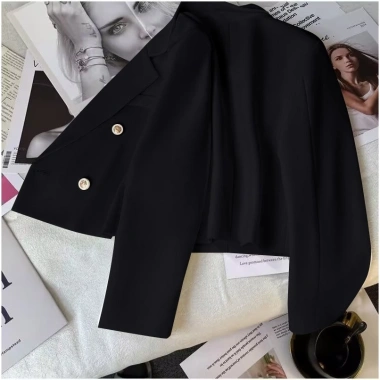 Áo vest croptop nữ blazer cúc giữa đệm vai 2 lớp lót Hàn Quốc màu đen 4 cúc
