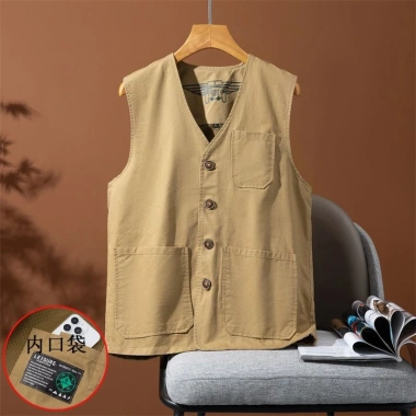 Áo vest nam cỡ lớn cổ chữ V, nhiều túi, cotton nguyên chất, thời trang 4 mùa - 625.104 VND 10
