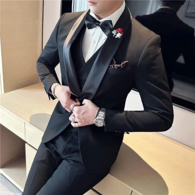 Áo vest nam Tuxedo Hàn Quốc đen ve sam phối phi – Form chuẩn, trẻ trung, 396.500₫