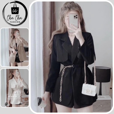 Áo Vest Nữ Blazer Dáng Ngắn với Đai Lưng Xích Bo - Tôn Dáng Phong Cách Thời Trang