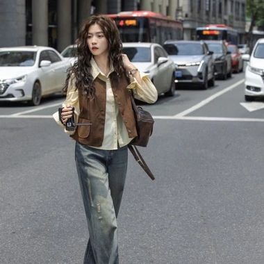 Áo vest nữ cổ tròn Hàn Quốc, áo khoác không tay đa năng màu nâu, giảm còn 219.750₫
