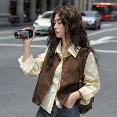 Áo vest nữ cổ tròn Hàn Quốc, áo khoác không tay đa năng màu nâu, giảm còn 219.750₫
