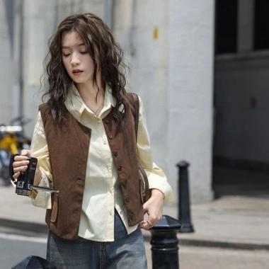 Áo vest nữ cổ tròn Hàn Quốc, áo khoác không tay đa năng màu nâu, giảm còn 219.750₫