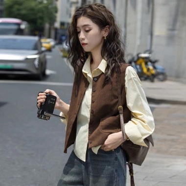Áo vest nữ cổ tròn Hàn Quốc, áo khoác không tay đa năng màu nâu, giảm còn 219.750₫