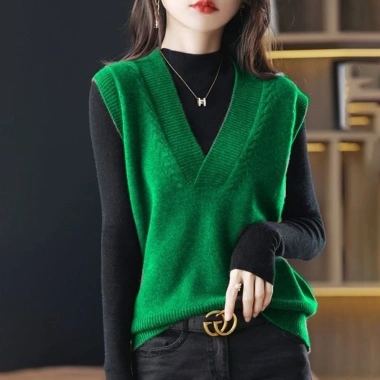 Áo Vest Nữ Dệt Kim Thời Trang Mỏng Cổ Chữ V - Phối Len Ngoài Siêu Đẹp