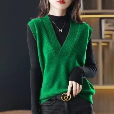 Áo Vest Nữ Dệt Kim Thời Trang Mỏng Cổ Chữ V - Phối Len Ngoài Siêu Đẹp