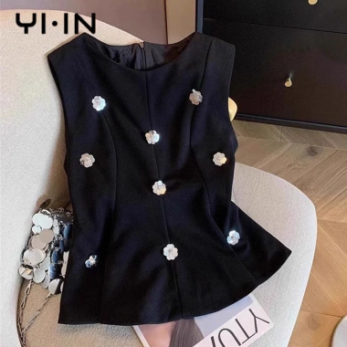 Áo vest ôm eo sequin cao cấp không tay, hoa đen 3D thanh lịch cho phụ nữ