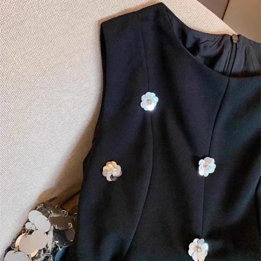 Áo vest ôm eo sequin cao cấp không tay, hoa đen 3D thanh lịch cho phụ nữ