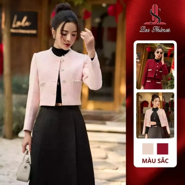 Áo vest tweed dạ kim tuyến nữ Lee Shines cổ tròn hồng siêu mềm bền dáng