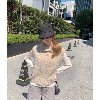 Áovest nữ cổ cao buộc nút, lông thú dệt kim, áo khoác trendy thu đông, giảm giá 118.800 VND