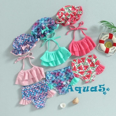 Aqq-kid Bikini bé gái áo sát nách cổ treo, quần short, mũ đi biển - Giá ưu đãi 149.796 VND