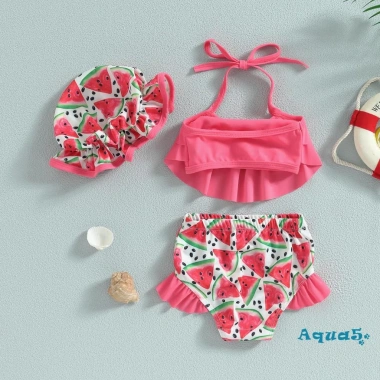 Aqq-kid Bikini bé gái áo sát nách cổ treo, quần short, mũ đi biển - Giá ưu đãi 149.796 VND