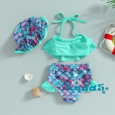 Aqq-kid Bikini bé gái áo sát nách cổ treo, quần short, mũ đi biển - Giá ưu đãi 149.796 VND
