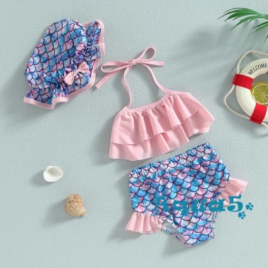 Aqq-kid Bikini bé gái áo sát nách cổ treo, quần short, mũ đi biển - Giá ưu đãi 149.796 VND