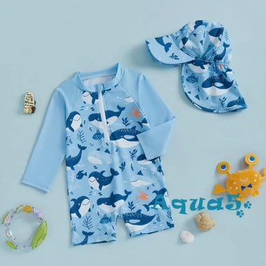 Aqua-2 Áo tắm mầm non có mũ trùm đầu, họa tiết cá voi, dây kéo dài, tay cổ tròn - Giá 211.896đ 2