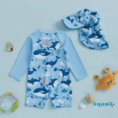 Aqua-2 Áo tắm mầm non có mũ trùm đầu, họa tiết cá voi, dây kéo dài, tay cổ tròn - Giá 211.896đ 3