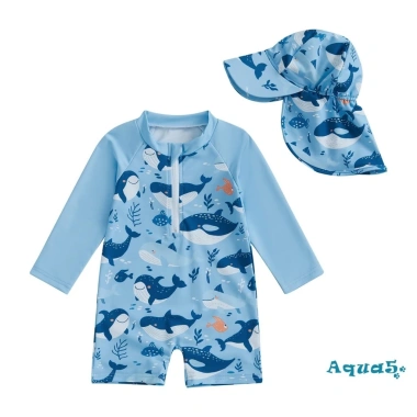 Aqua-2 Áo tắm mầm non có mũ trùm đầu, họa tiết cá voi, dây kéo dài, tay cổ tròn - Giá 211.896đ 8