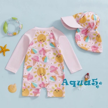 Aqua-2 Đồ Bơi Bé Gái Rash Guard Dài Tay In Hình Mũ, Bảo Vệ Da, Giá Ưu Đãi 177k