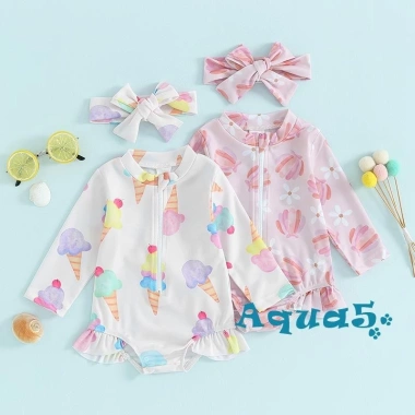 Aqua-baby Bikini Bé Gái In Hoa Đồ Bơi Biển Dài Tay Khóa Kéo Bộ Đồ Tắm 168k