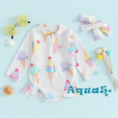 Aqua-baby Bikini Bé Gái In Hoa Đồ Bơi Biển Dài Tay Khóa Kéo Bộ Đồ Tắm 168k