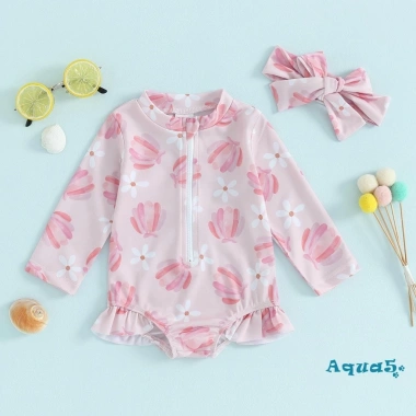 Aqua-baby Bikini Bé Gái In Hoa Đồ Bơi Biển Dài Tay Khóa Kéo Bộ Đồ Tắm 168k