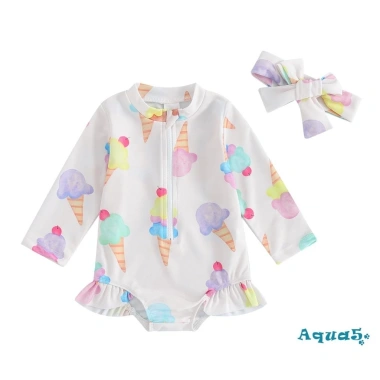 Aqua-baby Bikini Bé Gái In Hoa Đồ Bơi Biển Dài Tay Khóa Kéo Bộ Đồ Tắm 168k