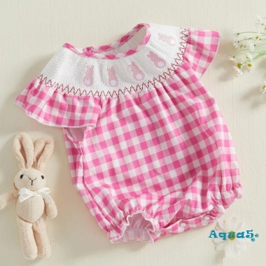 Aqua-Baby Girl Áo liền quần kẻ sọc thỏ thêu mùa hè, bay tay thoáng mát 3