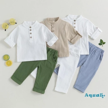 Aqua bộ 2 món áo sơ mi tay ngắn cài nút + quần dài co giãn màu trơn mùa hè bé trai