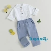 Aqua bộ 2 món áo sơ mi tay ngắn cài nút + quần dài co giãn màu trơn mùa hè bé trai 2