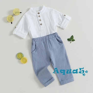 Aqua bộ 2 món áo sơ mi tay ngắn cài nút + quần dài co giãn màu trơn mùa hè bé trai