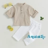 Aqua bộ 2 món áo sơ mi tay ngắn cài nút + quần dài co giãn màu trơn mùa hè bé trai 3