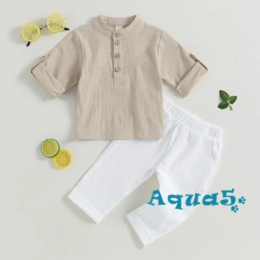 Aqua bộ 2 món áo sơ mi tay ngắn cài nút + quần dài co giãn màu trơn mùa hè bé trai 3 Aqua bộ 2 món áo sơ mi tay ngắn cài nút + quần dài co giãn màu trơn mùa hè bé trai 3
